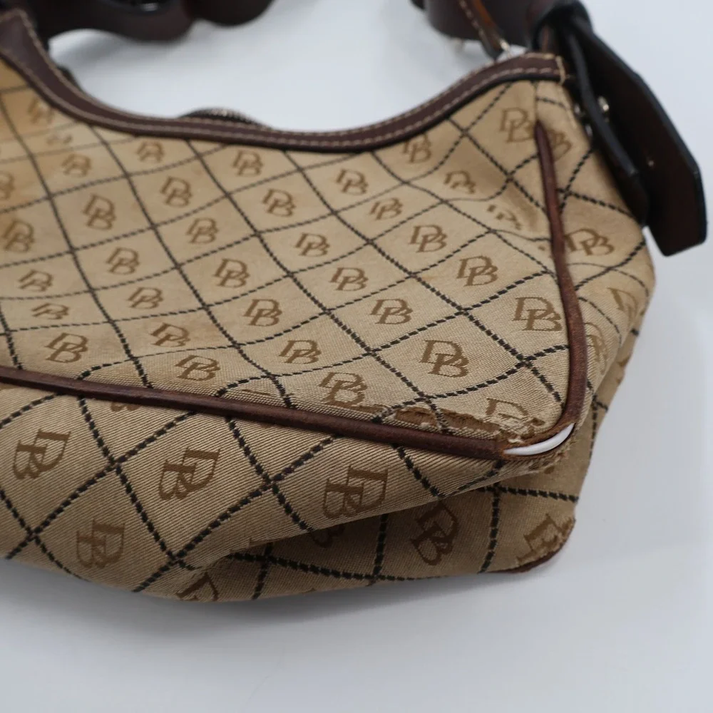 Dooney & Bourke Monogram Hobo Bag Womens Small Tan Brown Canvas Leather Vintage